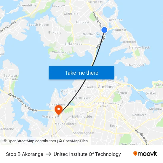 Stop B Akoranga to Unitec Institute Of Technology map