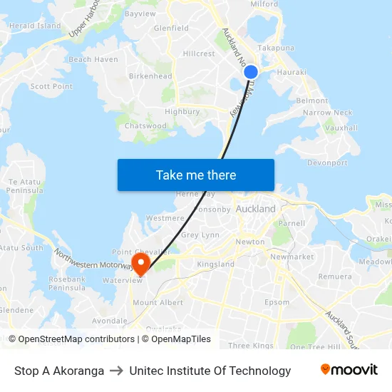 Stop A Akoranga to Unitec Institute Of Technology map