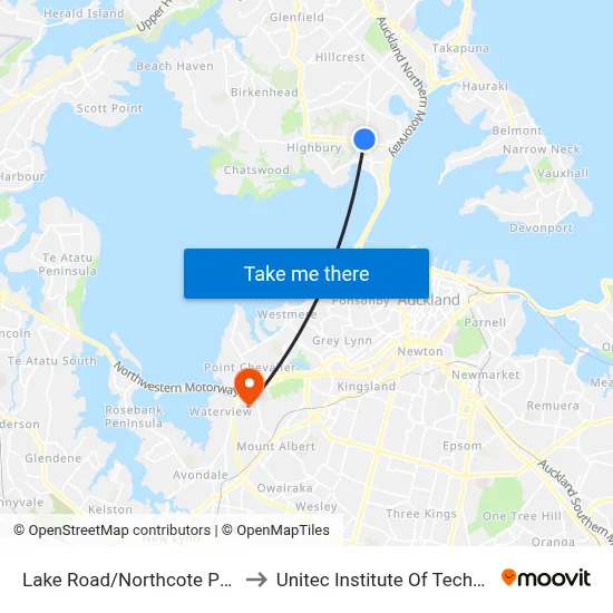 Lake Road/Northcote Primary to Unitec Institute Of Technology map