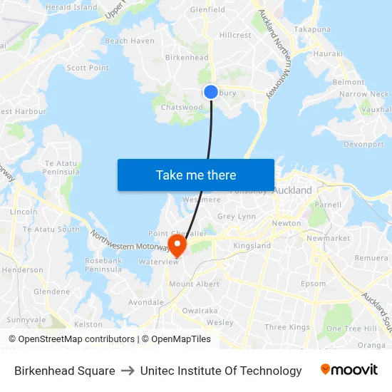 Birkenhead Square to Unitec Institute Of Technology map