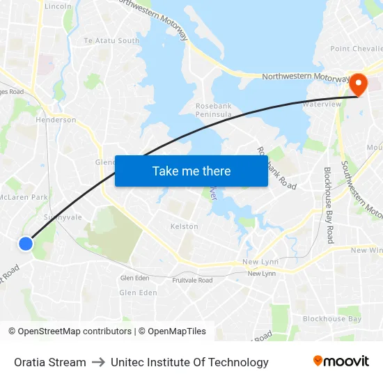 Oratia Stream to Unitec Institute Of Technology map
