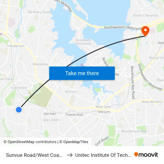 Sunvue Road/West Coast Road to Unitec Institute Of Technology map