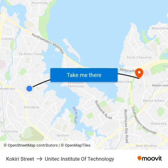 Kokiri Street to Unitec Institute Of Technology map
