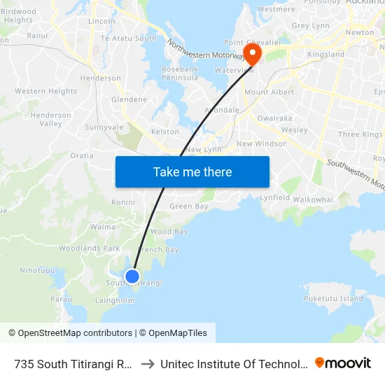 735 South Titirangi Road to Unitec Institute Of Technology map