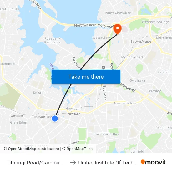 Titirangi Road/Gardner Avenue to Unitec Institute Of Technology map