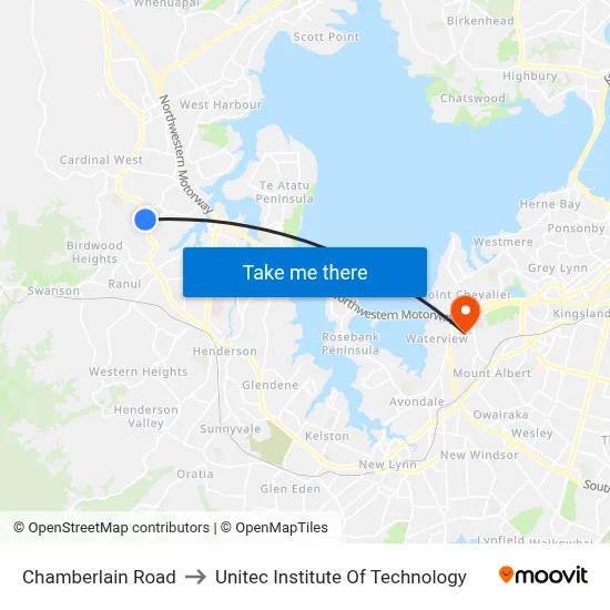 Chamberlain Road to Unitec Institute Of Technology map