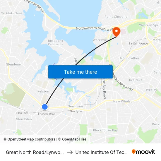 Great North Road/Lynwood Road to Unitec Institute Of Technology map