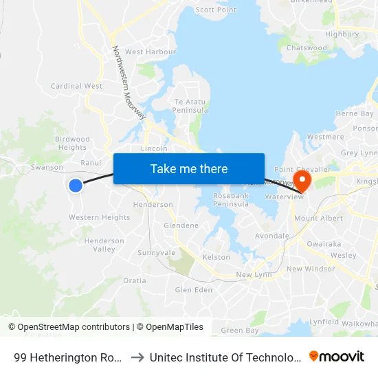 99 Hetherington Road to Unitec Institute Of Technology map