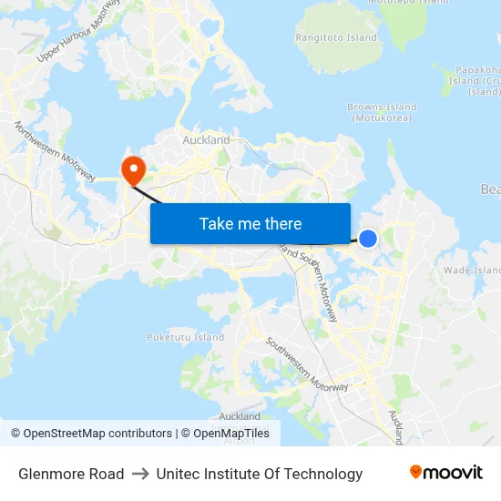 Glenmore Road to Unitec Institute Of Technology map