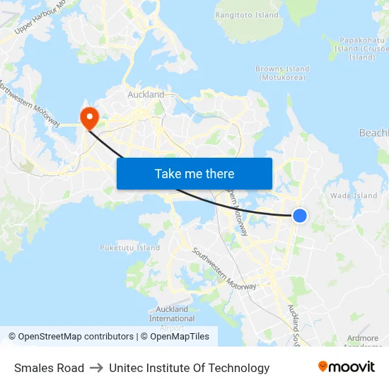 Smales Road to Unitec Institute Of Technology map