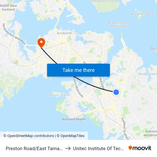 Preston Road/East Tamaki Road to Unitec Institute Of Technology map