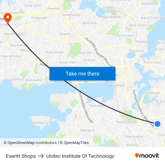 Everitt Shops to Unitec Institute Of Technology map