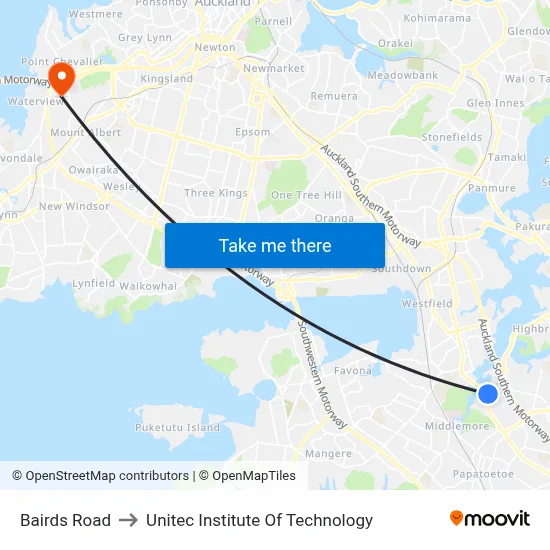 Bairds Road to Unitec Institute Of Technology map