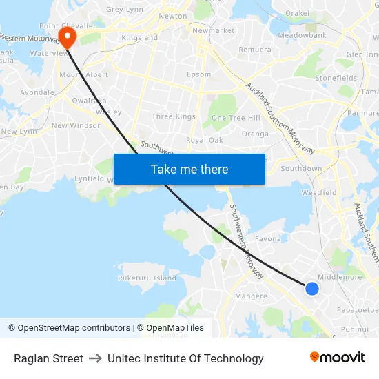 Raglan Street to Unitec Institute Of Technology map