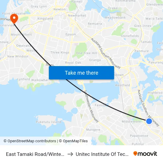 East Tamaki Road/Wintere Road to Unitec Institute Of Technology map