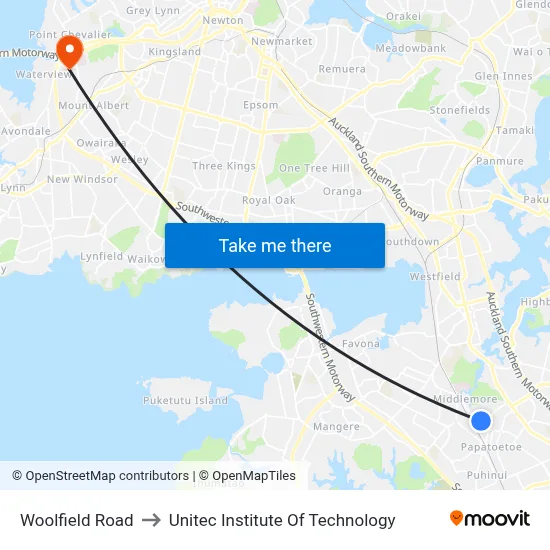 Woolfield Road to Unitec Institute Of Technology map