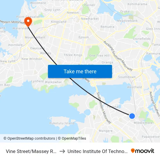 Vine Street/Massey Road to Unitec Institute Of Technology map