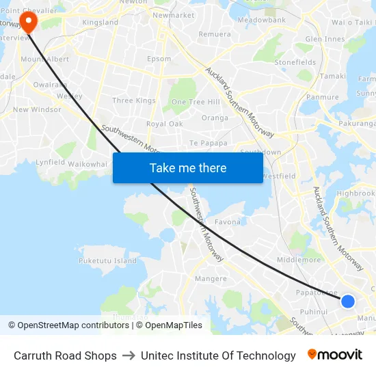 Carruth Road Shops to Unitec Institute Of Technology map