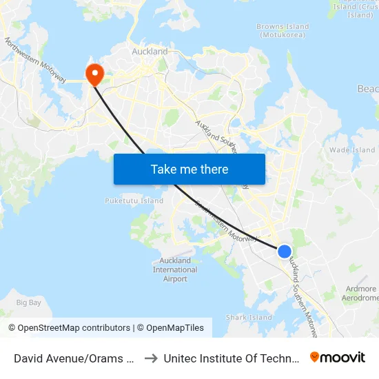 David Avenue/Orams Road to Unitec Institute Of Technology map