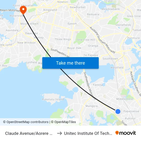 Claude Avenue/Aorere College to Unitec Institute Of Technology map