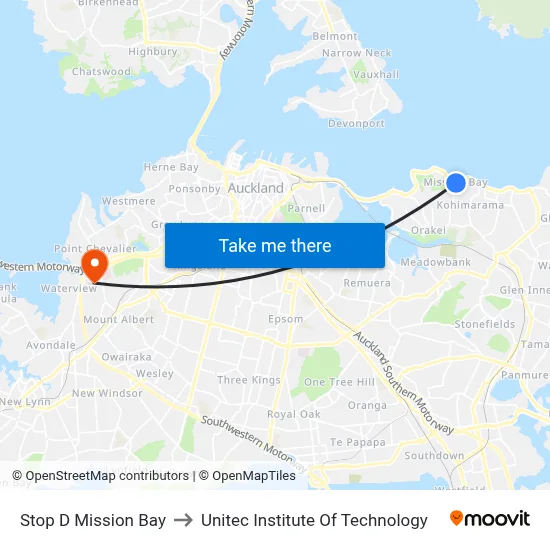 Stop D Mission Bay to Unitec Institute Of Technology map
