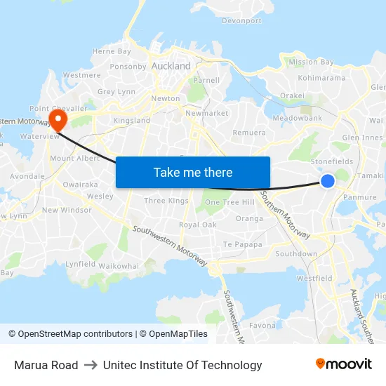 Marua Road to Unitec Institute Of Technology map
