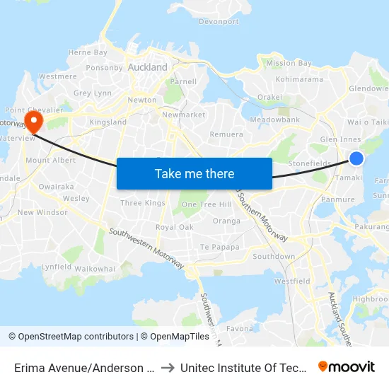 Erima Avenue/Anderson Avenue to Unitec Institute Of Technology map
