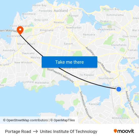 Portage Road to Unitec Institute Of Technology map