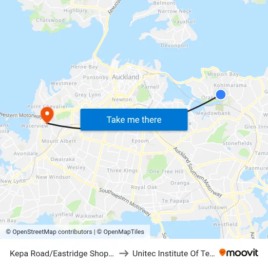 Kepa Road/Eastridge Shopping Centre to Unitec Institute Of Technology map