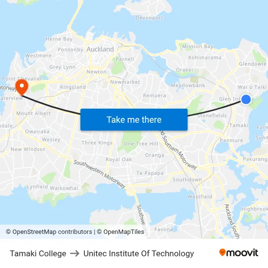 Tamaki College to Unitec Institute Of Technology map
