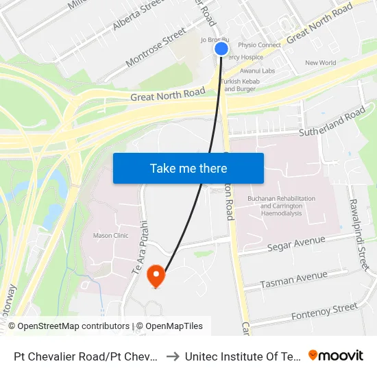 Pt Chevalier Road/Pt Chevalier Shops to Unitec Institute Of Technology map