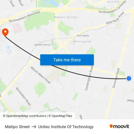 Matipo Street to Unitec Institute Of Technology map