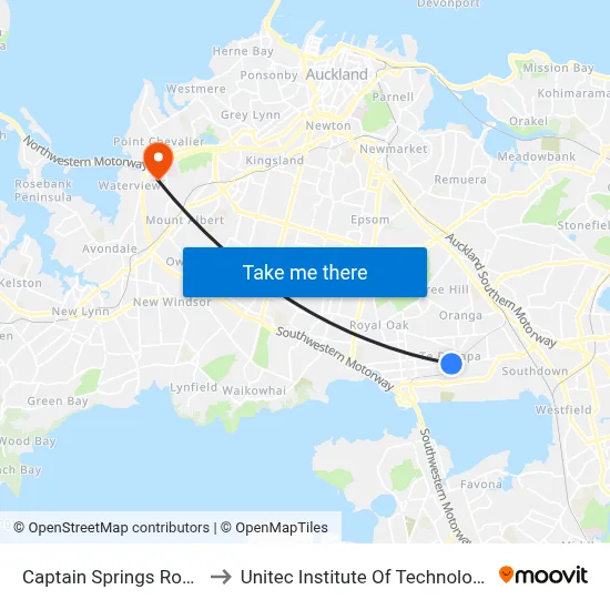 Captain Springs Road to Unitec Institute Of Technology map