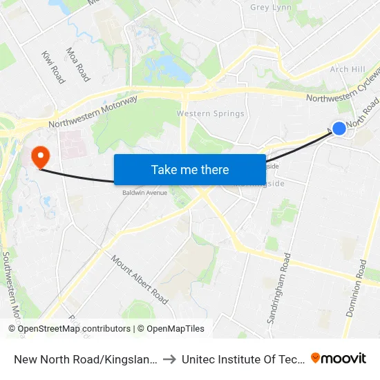 New North Road/Kingsland Station to Unitec Institute Of Technology map