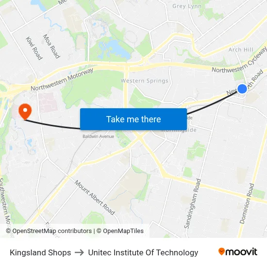 Kingsland Shops to Unitec Institute Of Technology map