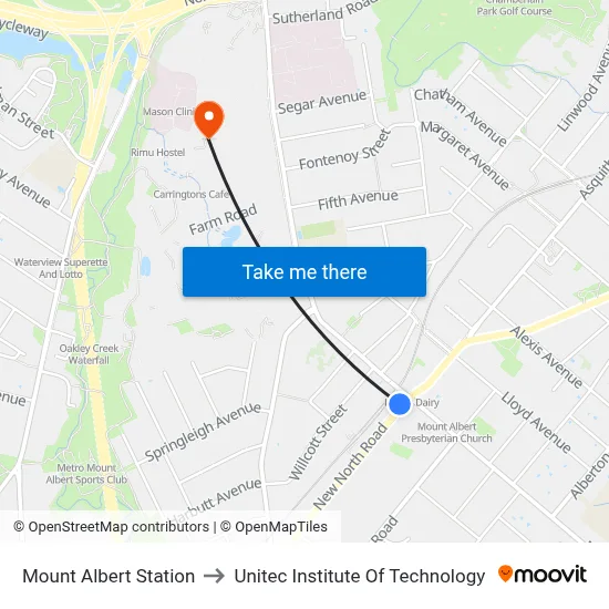 Mount Albert Station to Unitec Institute Of Technology map