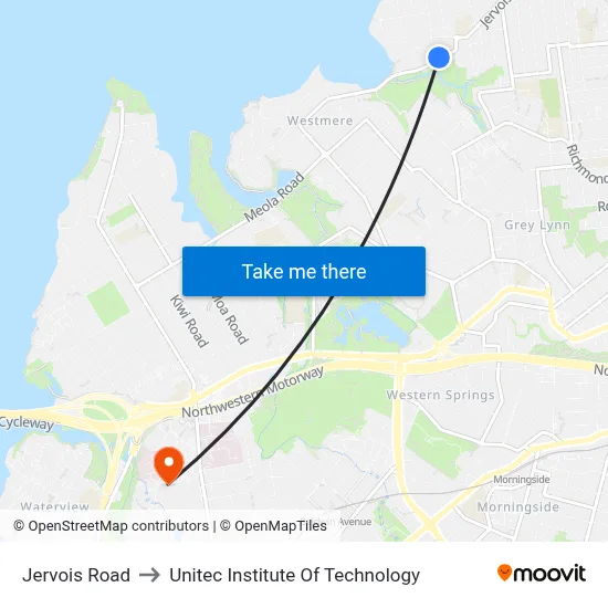 Jervois Road to Unitec Institute Of Technology map
