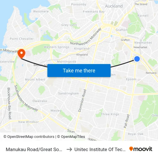 Manukau Road/Great South Road to Unitec Institute Of Technology map