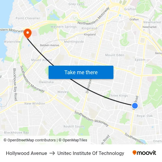 Hollywood Avenue to Unitec Institute Of Technology map