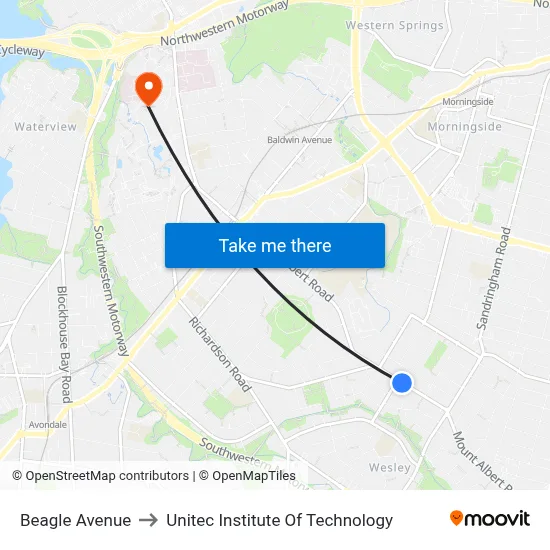 Beagle Avenue to Unitec Institute Of Technology map