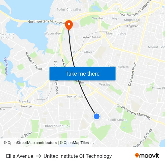 Ellis Avenue to Unitec Institute Of Technology map