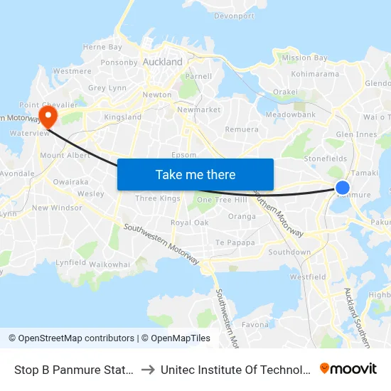 Stop B Panmure Station to Unitec Institute Of Technology map