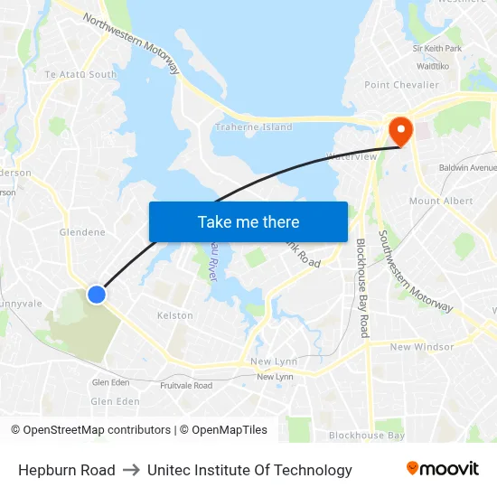 Hepburn Road to Unitec Institute Of Technology map