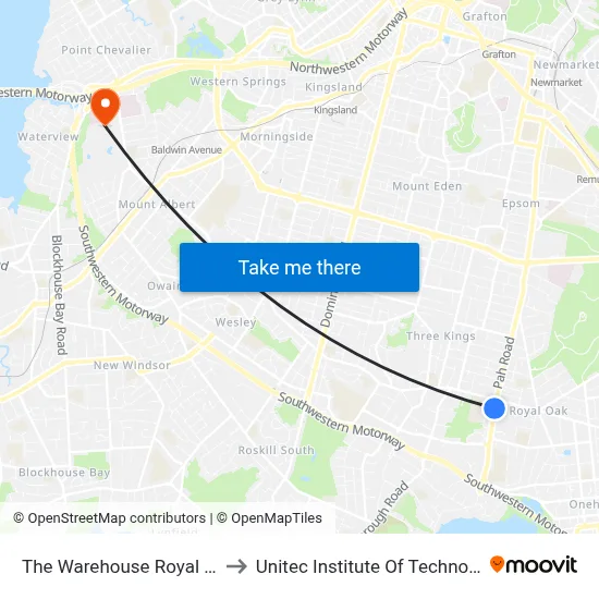 The Warehouse Royal Oak to Unitec Institute Of Technology map