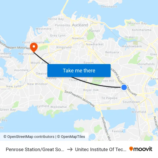 Penrose Station/Great South Road to Unitec Institute Of Technology map