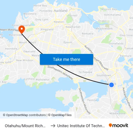 Otahuhu/Mount Richmond to Unitec Institute Of Technology map