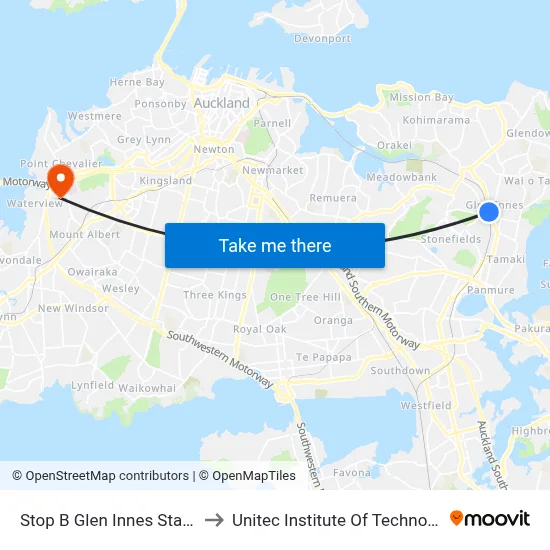 Stop B Glen Innes Station to Unitec Institute Of Technology map