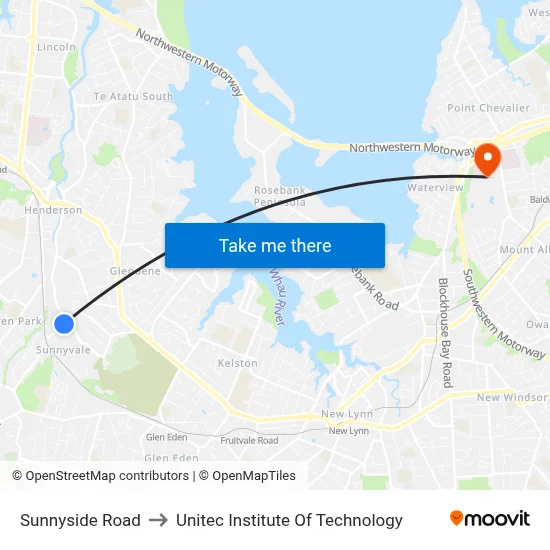 Sunnyside Road to Unitec Institute Of Technology map