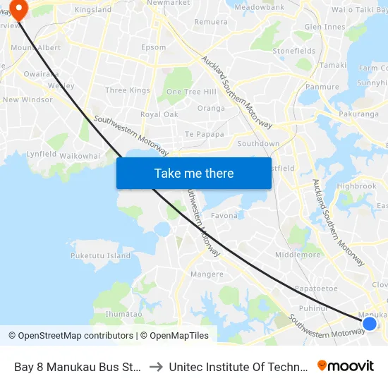 Bay 8 Manukau Bus Station to Unitec Institute Of Technology map