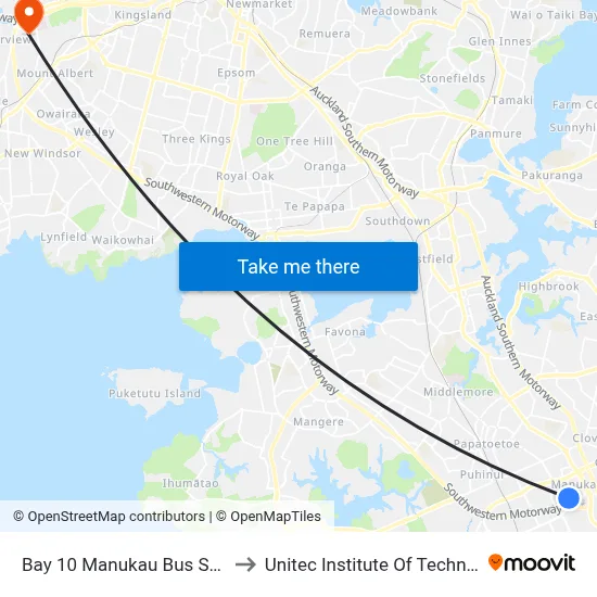 Bay 10 Manukau Bus Station to Unitec Institute Of Technology map